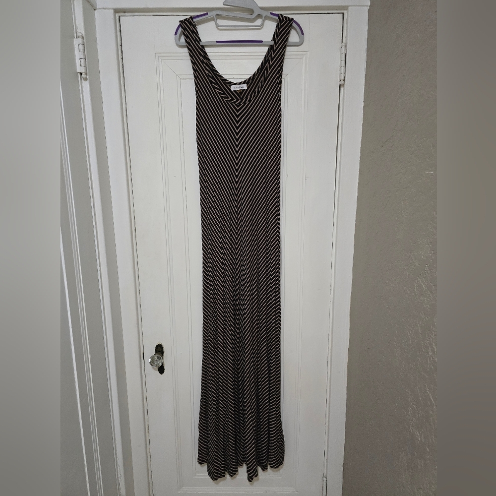 Vintage Calvin Klein Black and Tan Striped Maxi Dress